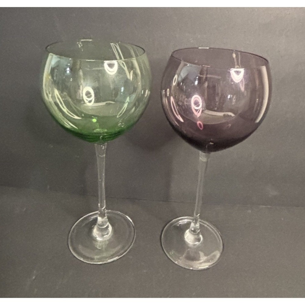 2 Lenox Gems Balloon Wine Glasses Amethyst and Green 9" Goblets Stemmed